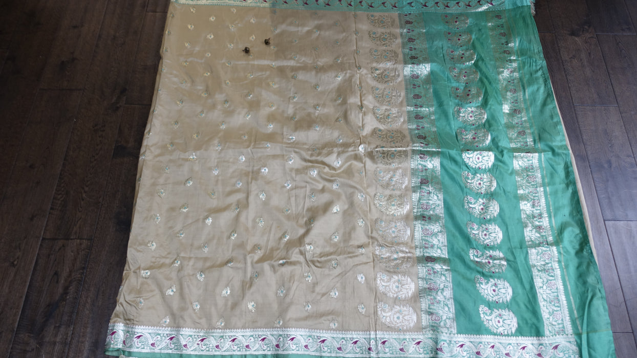 Cream And Jade Pure Silk Vintage Sari - New