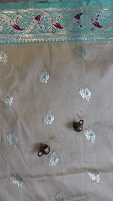 Cream And Jade Pure Silk Vintage Sari - New