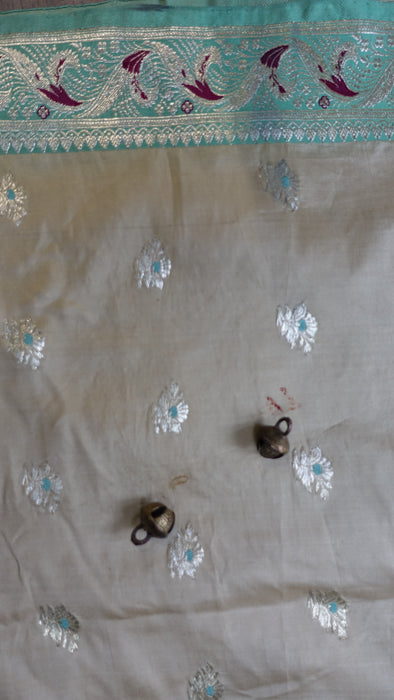 Cream And Jade Pure Silk Vintage Sari - New