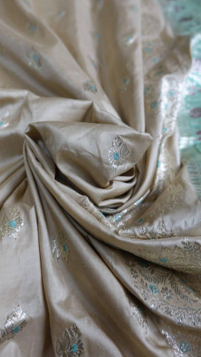 Cream And Jade Pure Silk Vintage Sari - New
