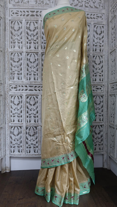Cream And Jade Pure Silk Vintage Sari - New