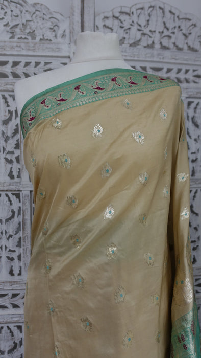 Cream And Jade Pure Silk Vintage Sari - New