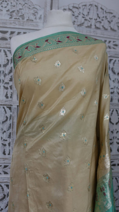 Cream And Jade Pure Silk Vintage Sari - New