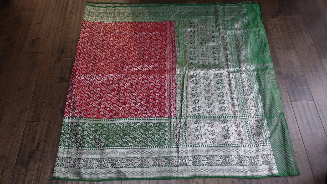 Red And Green Really Heavy Vintage Banarsi Sari - Preloved