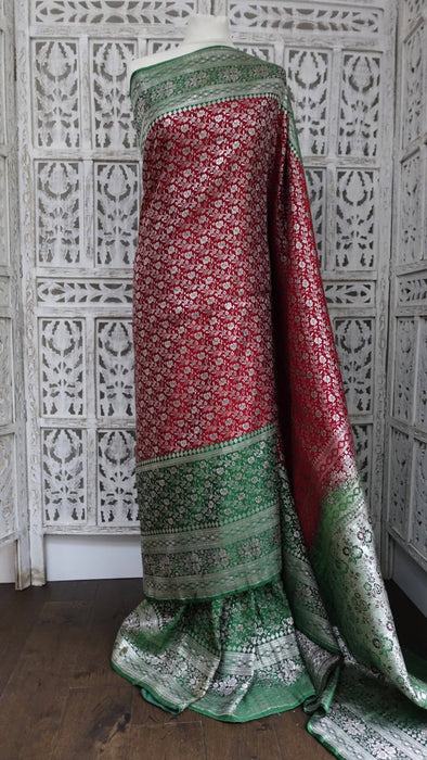 Red And Green Really Heavy Vintage Banarsi Sari - Preloved