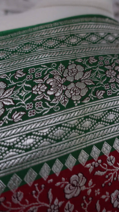 Red And Green Really Heavy Vintage Banarsi Sari - Preloved