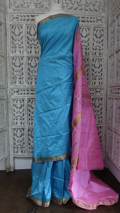 Bright Blue And Pink Vintage Pure Silk Sari - New