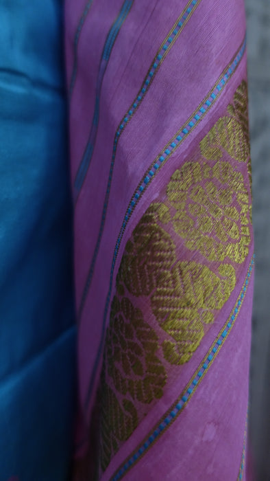 Bright Blue And Pink Vintage Pure Silk Sari - New