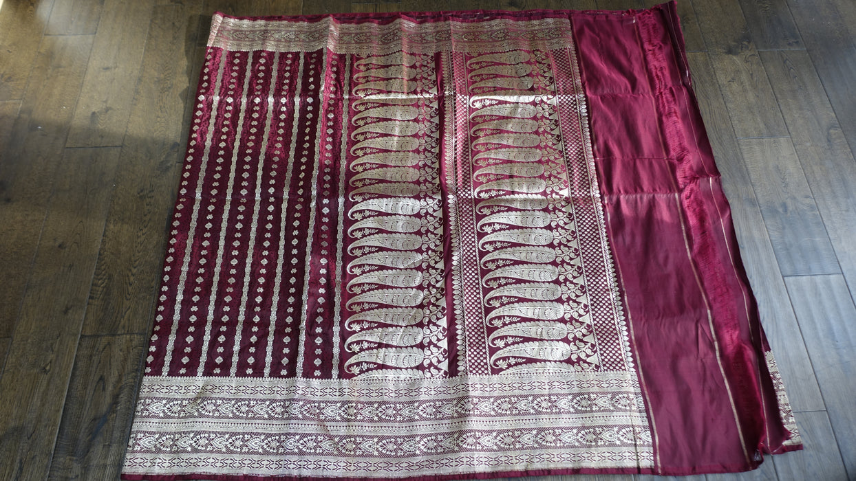 Deep Maroon Vintage Banarsi Brocade Sari - New