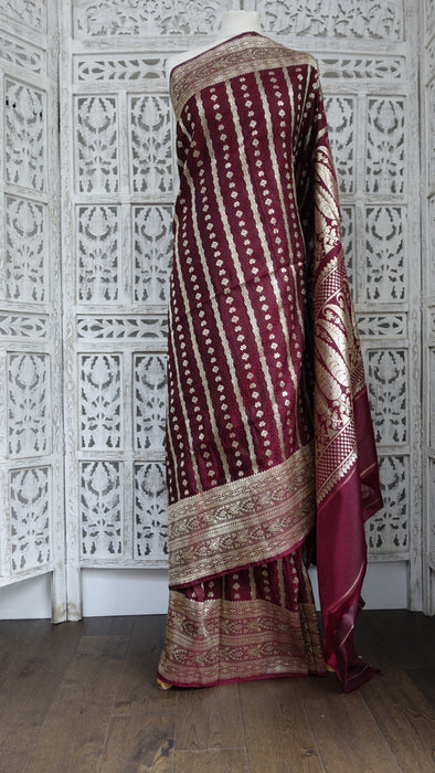 Deep Maroon Vintage Banarsi Brocade Sari - New