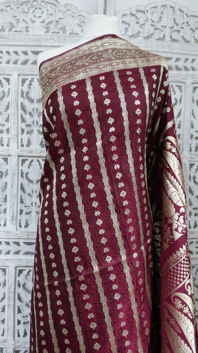 Deep Maroon Vintage Banarsi Brocade Sari - New