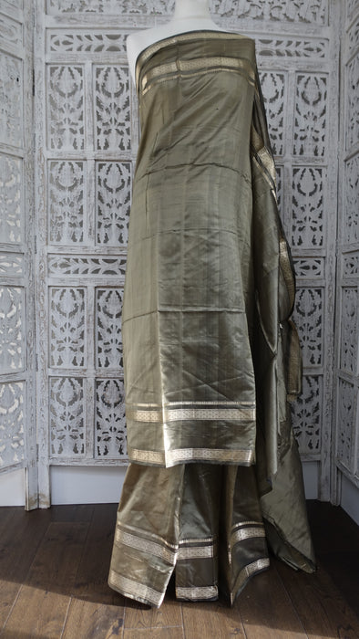 Khaki Silk Blend Sari - New