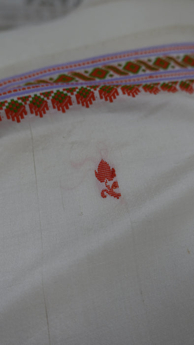 White Vintage Pure Silk Sari With Pastel Coloured Thread Work - New