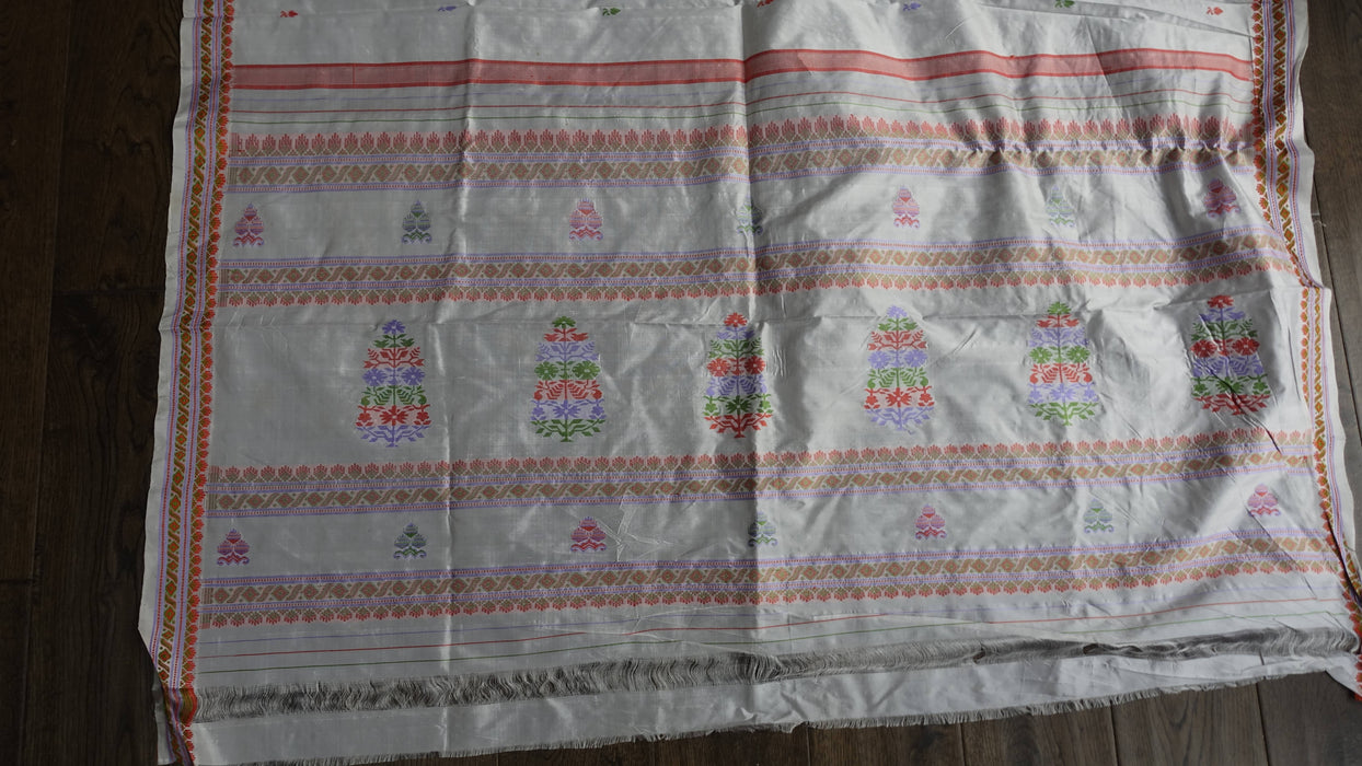 White Vintage Pure Silk Sari With Pastel Coloured Thread Work - New