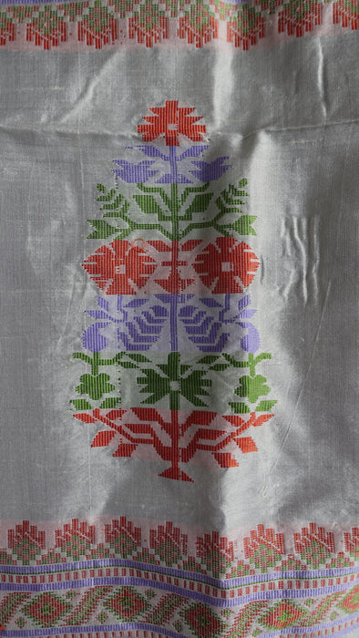 White Vintage Pure Silk Sari With Pastel Coloured Thread Work - New