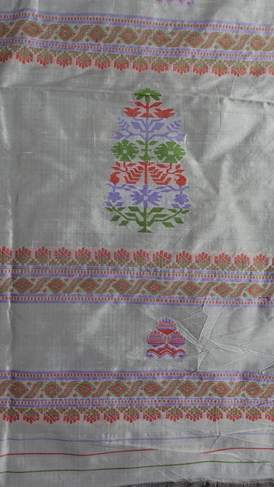 White Vintage Pure Silk Sari With Pastel Coloured Thread Work - New