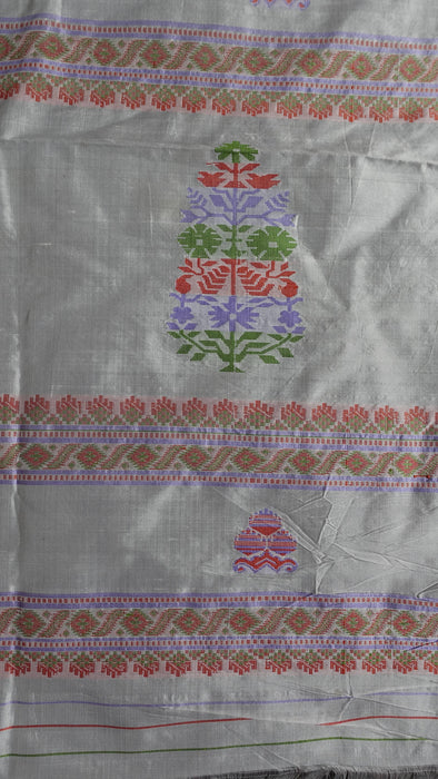 White Vintage Pure Silk Sari With Pastel Coloured Thread Work - New