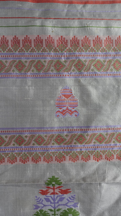 White Vintage Pure Silk Sari With Pastel Coloured Thread Work - New