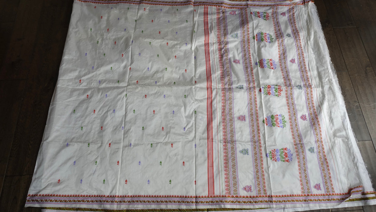 White Vintage Pure Silk Sari With Pastel Coloured Thread Work - New