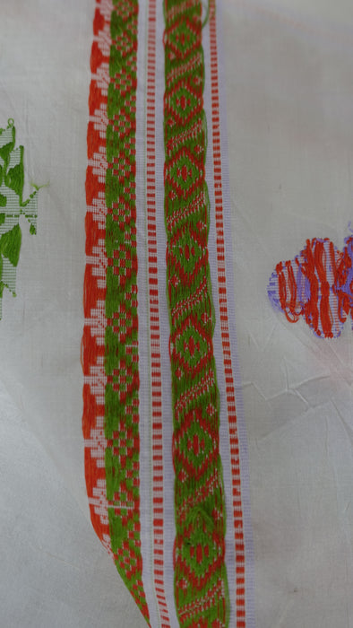 White Vintage Pure Silk Sari With Pastel Coloured Thread Work - New