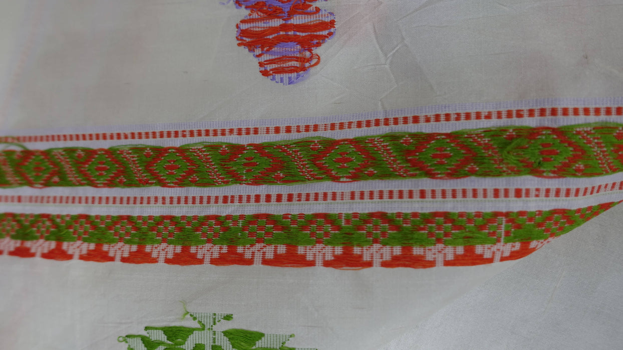 White Vintage Pure Silk Sari With Pastel Coloured Thread Work - New