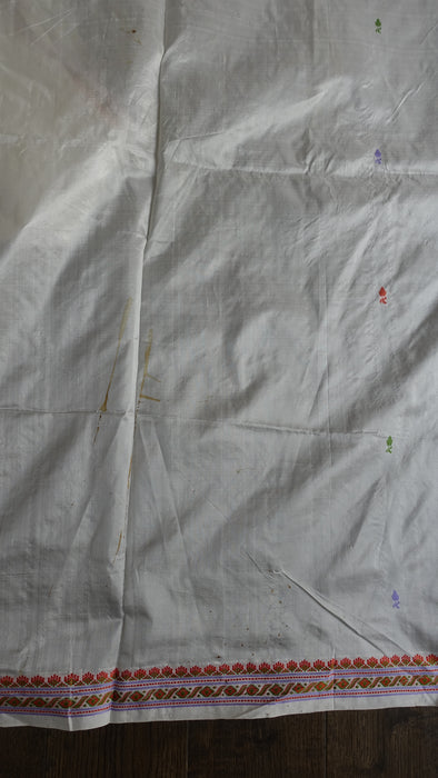 White Vintage Pure Silk Sari With Pastel Coloured Thread Work - New
