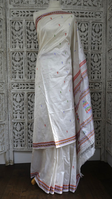 White Vintage Pure Silk Sari With Pastel Coloured Thread Work - New