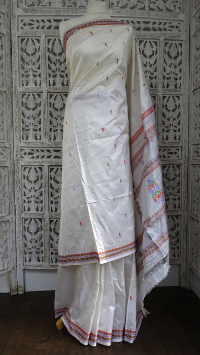 White Vintage Pure Silk Sari With Pastel Coloured Thread Work - New