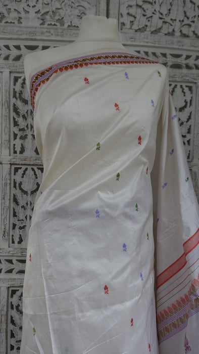 White Vintage Pure Silk Sari With Pastel Coloured Thread Work - New
