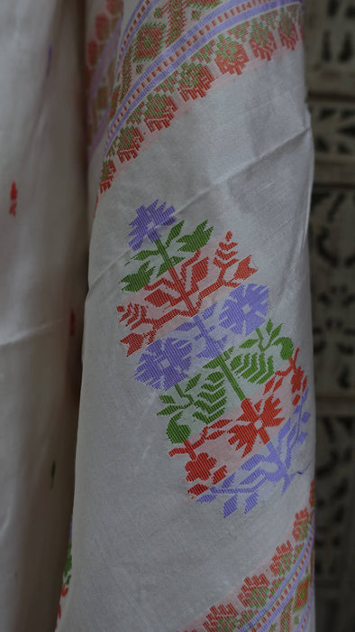White Vintage Pure Silk Sari With Pastel Coloured Thread Work - New