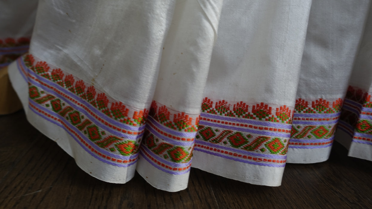 White Vintage Pure Silk Sari With Pastel Coloured Thread Work - New