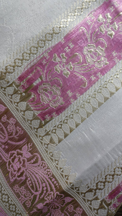 White And Pink Vintage Sari With Blouse - New