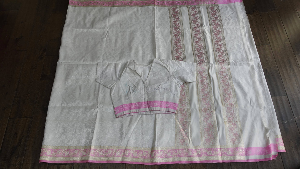 White And Pink Vintage Sari With Blouse - New