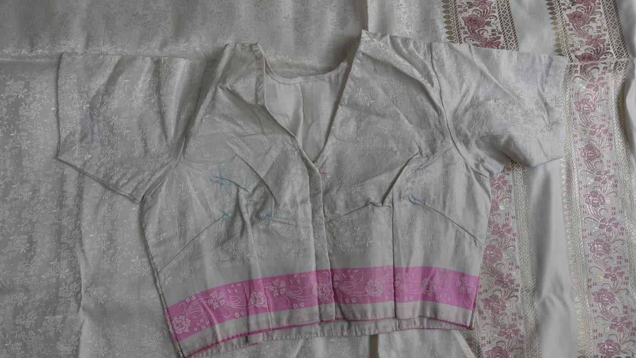 White And Pink Vintage Sari With Blouse - New