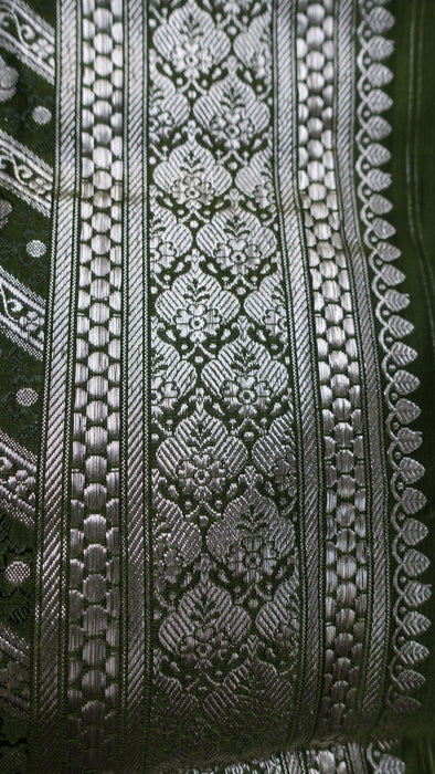 Vintage Sage Green Banarsi Brocade Sari With Blouse Piece - New