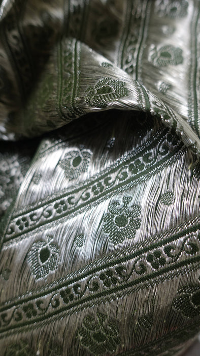 Vintage Sage Green Banarsi Brocade Sari With Blouse Piece - New