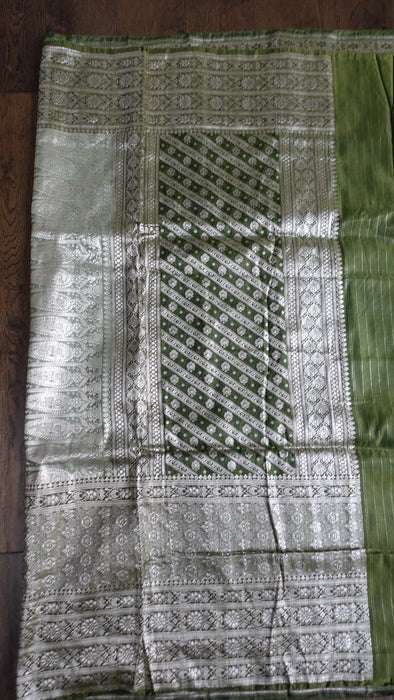 Vintage Sage Green Banarsi Brocade Sari With Blouse Piece - New