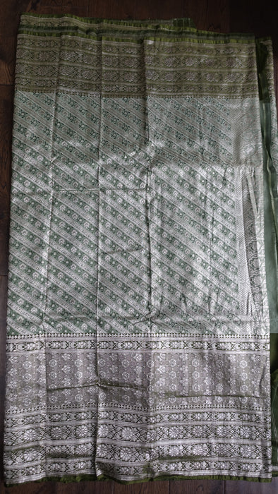 Vintage Sage Green Banarsi Brocade Sari With Blouse Piece - New