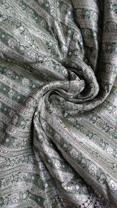Vintage Sage Green Banarsi Brocade Sari With Blouse Piece - New