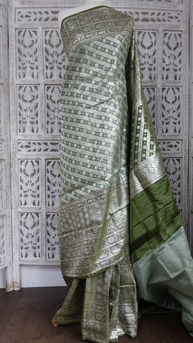 Vintage Sage Green Banarsi Brocade Sari With Blouse Piece - New