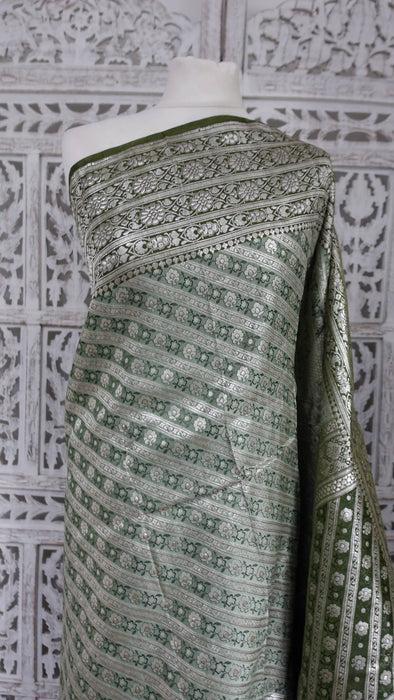 Vintage Sage Green Banarsi Brocade Sari With Blouse Piece - New