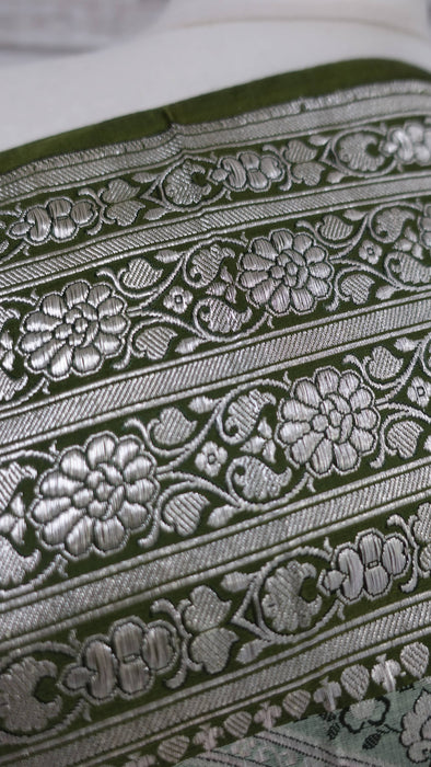 Vintage Sage Green Banarsi Brocade Sari With Blouse Piece - New