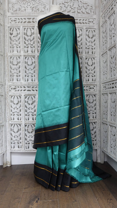 Jade And Black Vintage Silk Sari - New