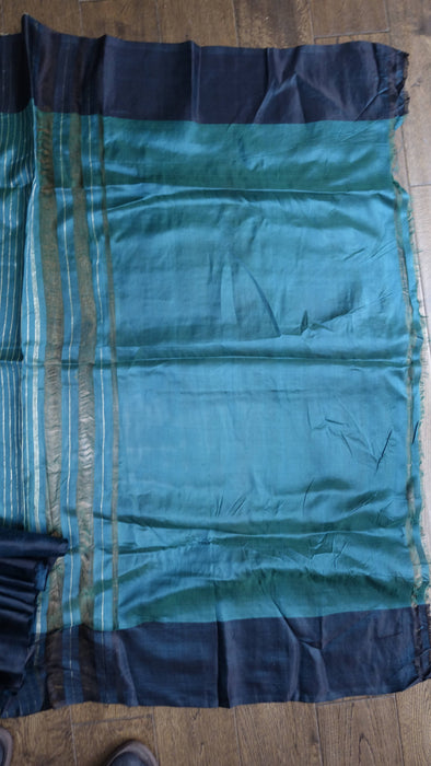 Dark Teal And Black Banarsi Vintage Sari With Blouse Piece - New