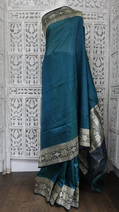 Dark Teal And Black Banarsi Vintage Sari With Blouse Piece - New