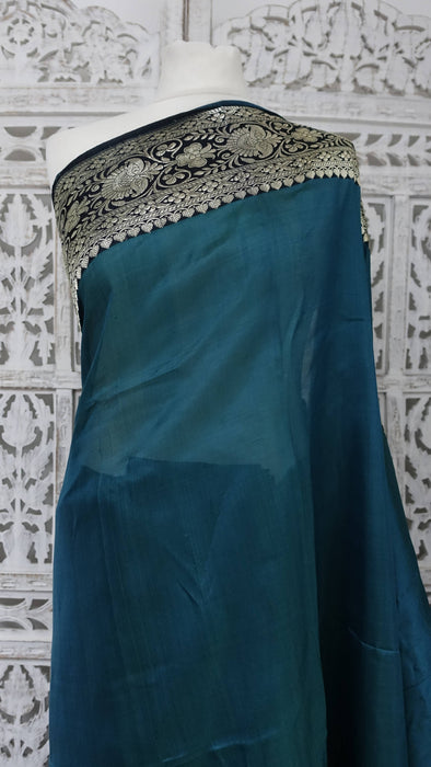 Dark Teal And Black Banarsi Vintage Sari With Blouse Piece - New