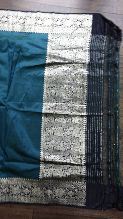 Dark Teal And Black Banarsi Vintage Sari With Blouse Piece - New