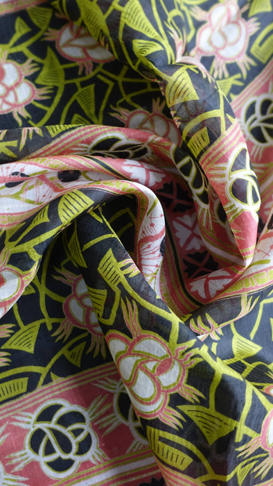 Bright Green Tissue Silk Printed Sari - Preloved
