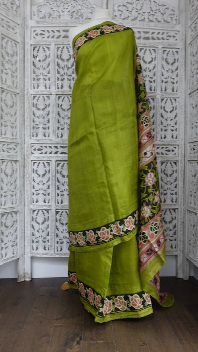 Bright Green Tissue Silk Printed Sari - Preloved