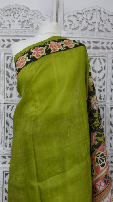 Bright Green Tissue Silk Printed Sari - Preloved